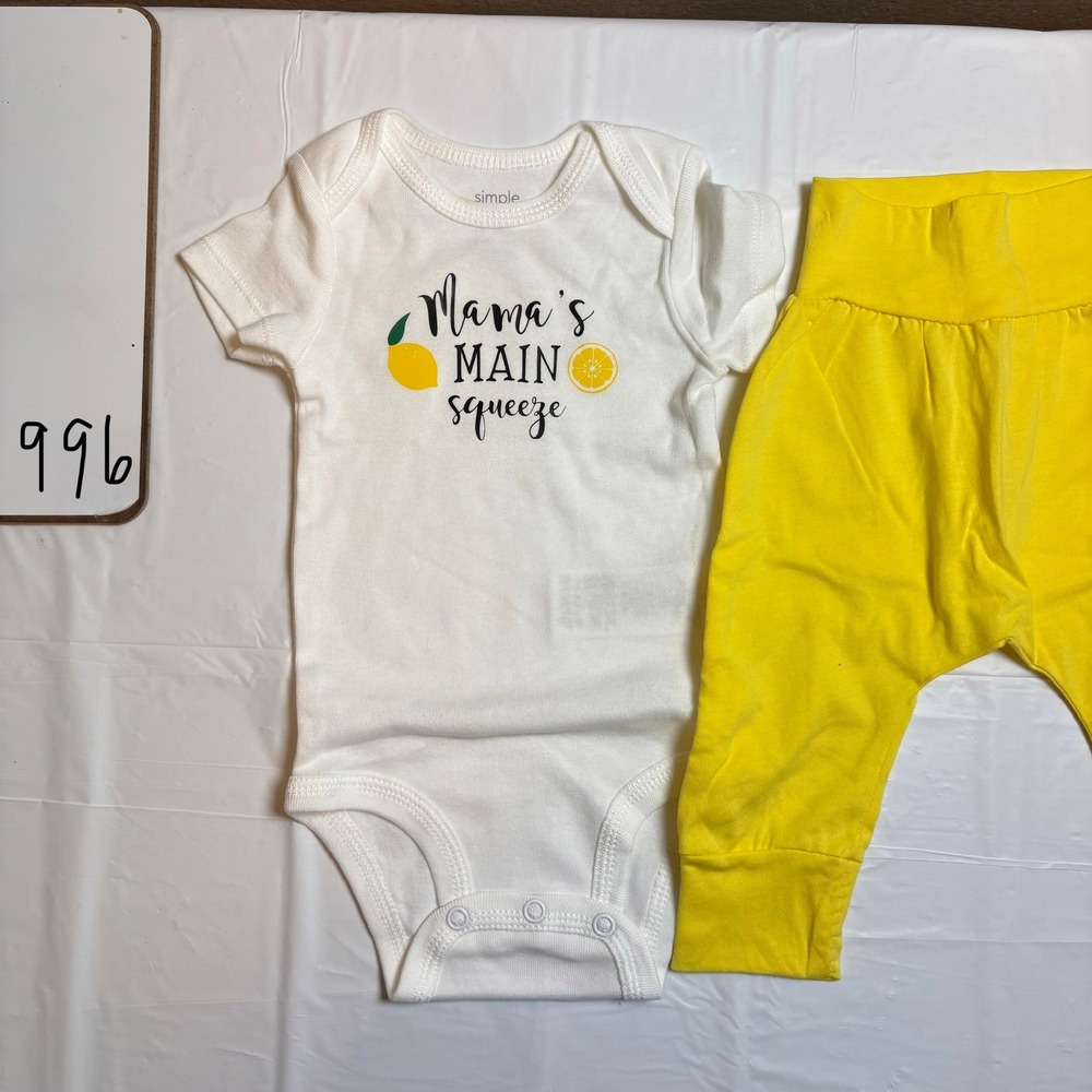 Simple Baby 4Pc Set Mama's Main Squeeze Lemon Bodysuit Pants Bow 0-3‎ Months NEW